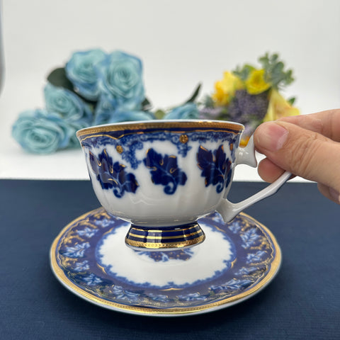 Medium blue glaze, 24K embossed gold high-grade bone China coffee cup, cup a dish.