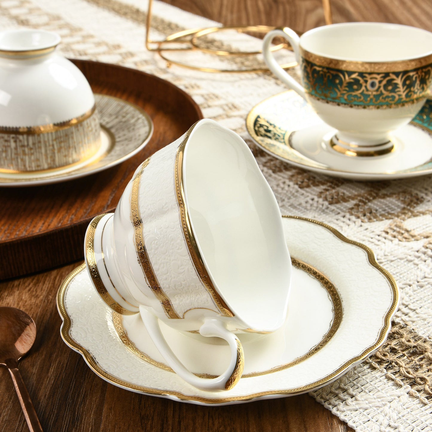 White Relief Style 24k Gold Embossed Bone China Coffee Cup Set