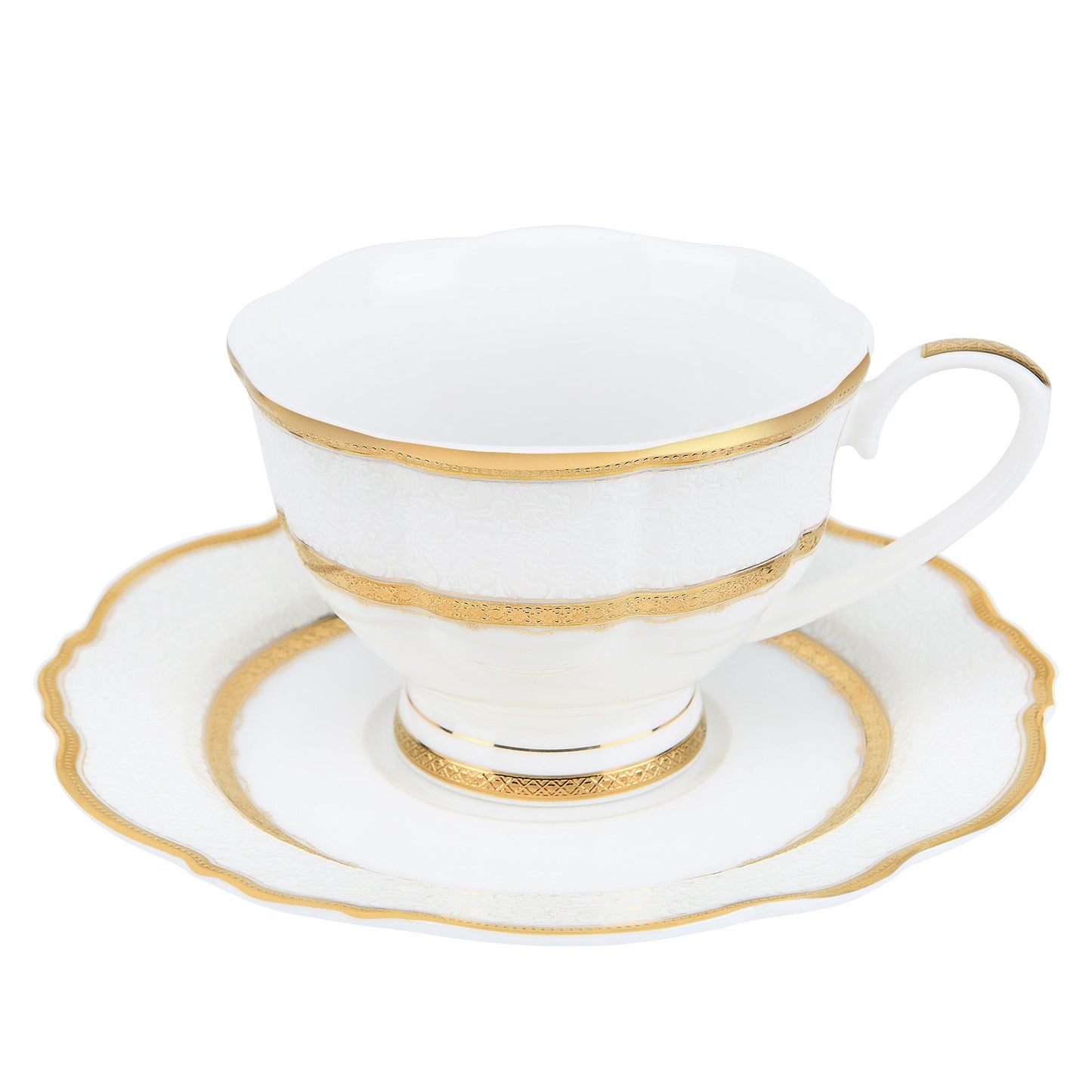 White Relief Style 24k Gold Embossed Bone China Coffee Cup Set