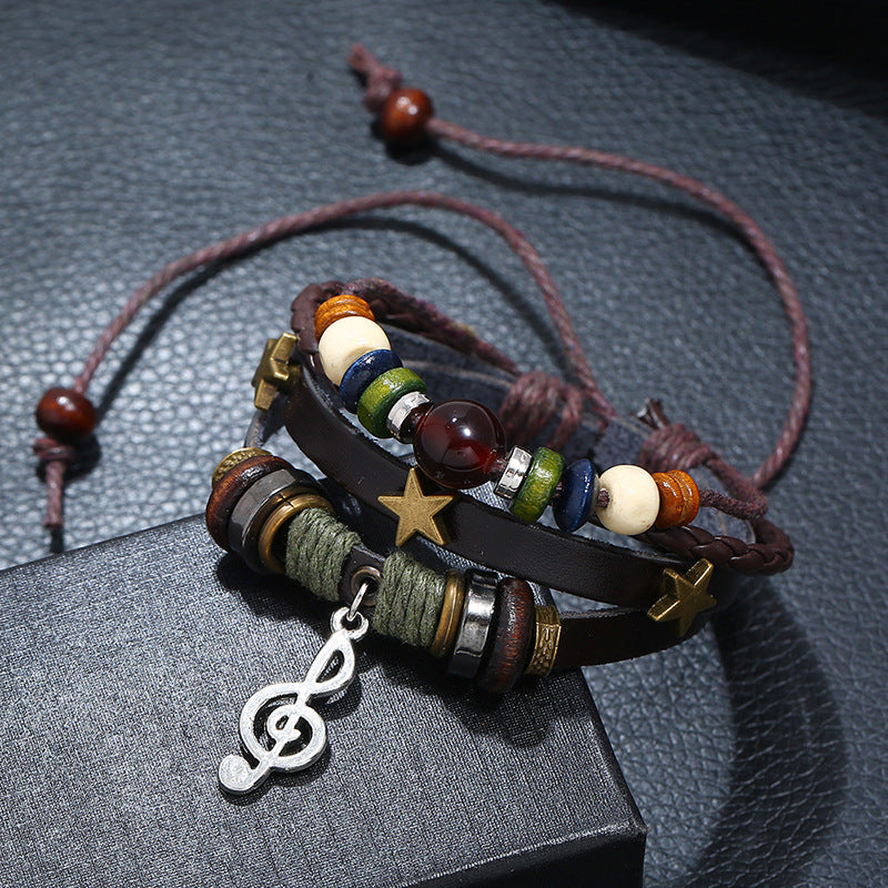 Beaded Alloy Musical Note Leather Bracelet