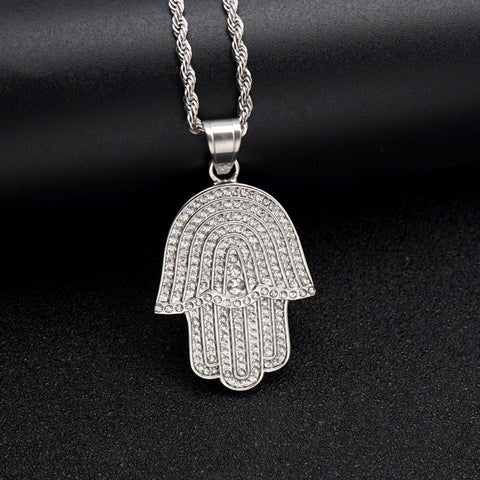 Exotic Muslim Stainless Steel Gold Plated Full Diamond Fatimid Hand Pendant Necklace