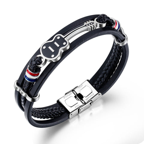 Men's Leather Multi-Layer Woven Cord Guitar Bracelet