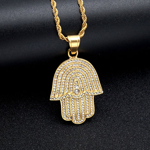 Exotic Muslim Stainless Steel Gold Plated Full Diamond Fatimid Hand Pendant Necklace