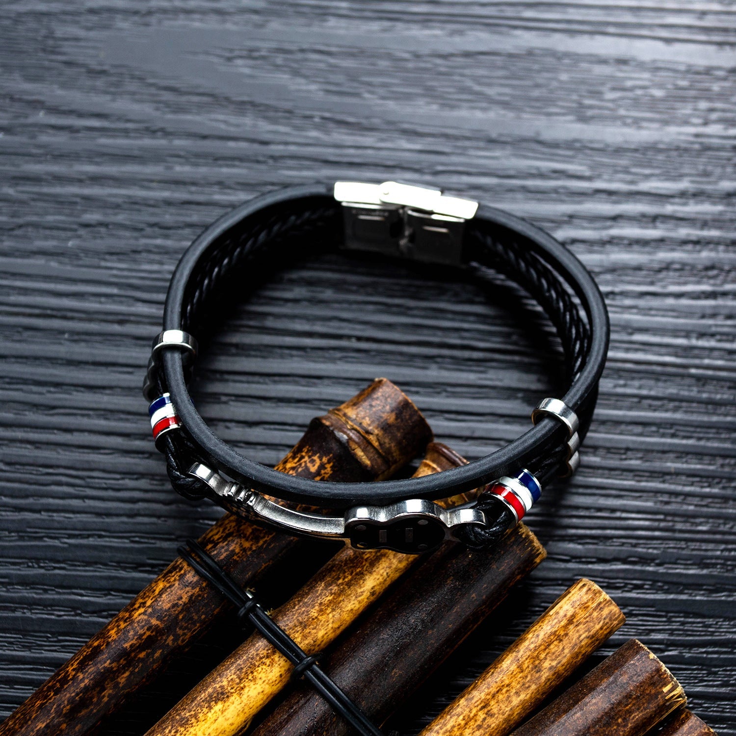 Men's Leather Multi-Layer Woven Cord Guitar Bracelet