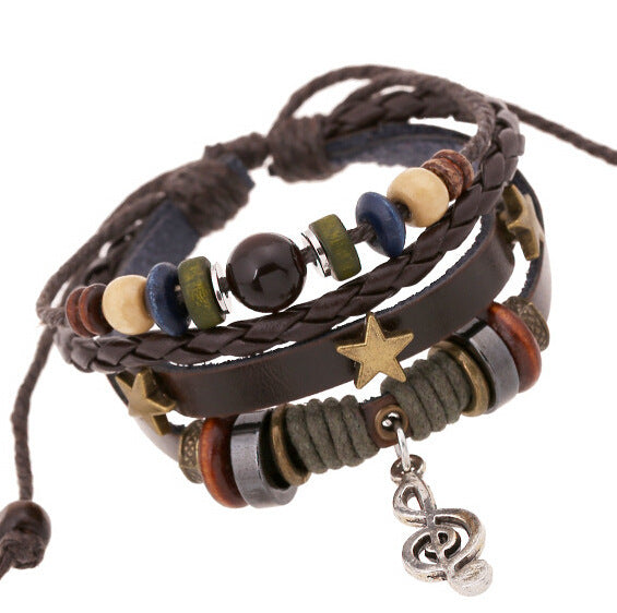 Beaded Alloy Musical Note Leather Bracelet