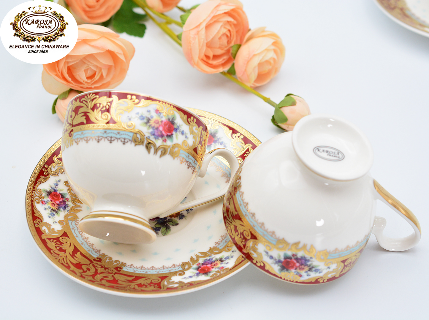 17 PCS Embossed Gold Decoration Fine Bone China Classic Coffee & Tea Cup Set