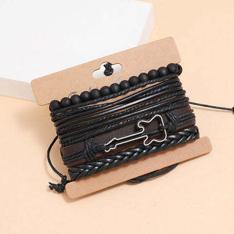 Fashion Guitar Music Festival Jewelry Simple Woven Vintage Leather Bracelet Set