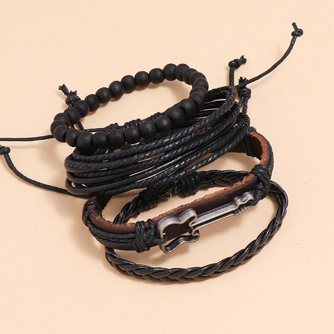 Fashion Guitar Music Festival Jewelry Simple Woven Vintage Leather Bracelet Set