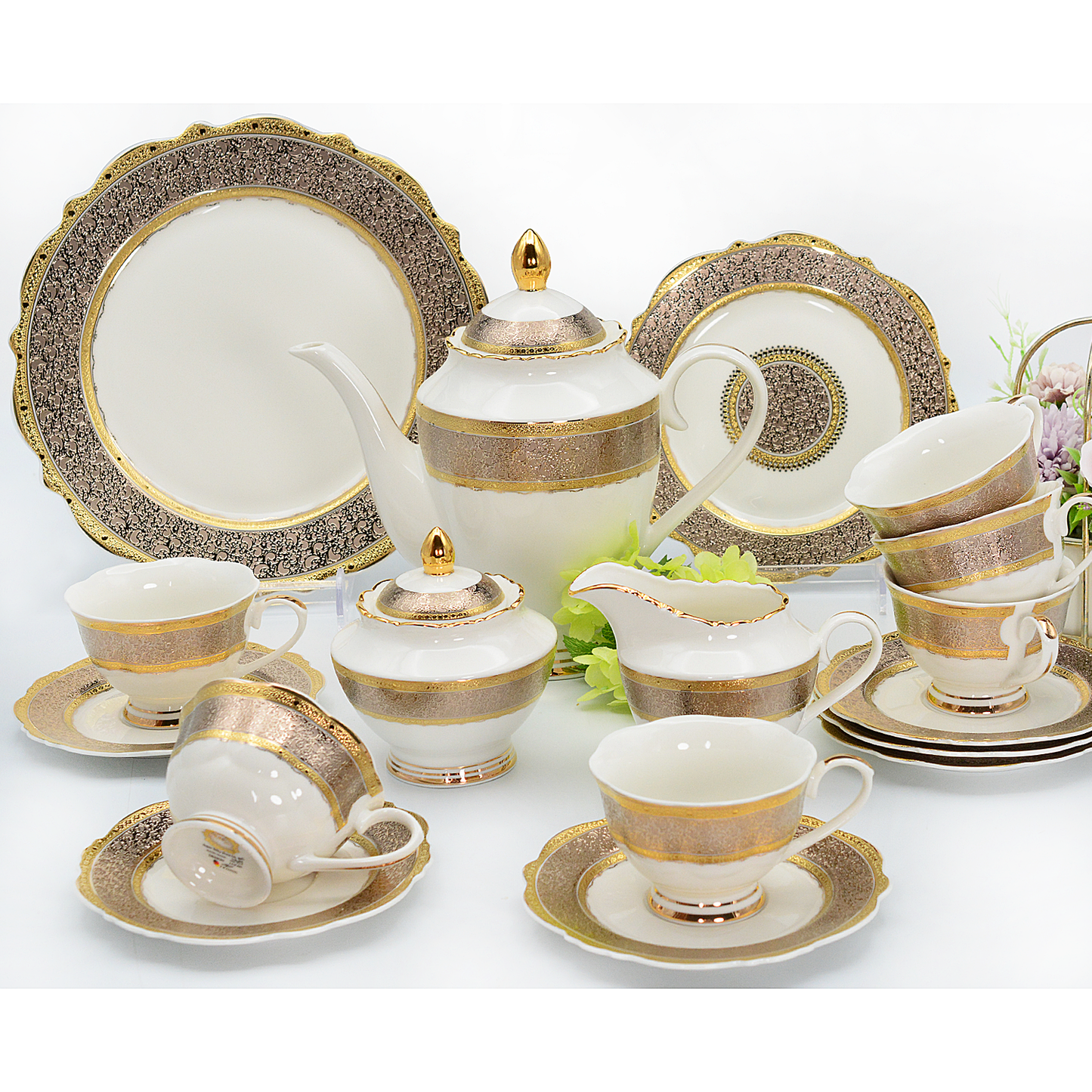 17 PCS Embossed Gold Decorative Gift Tea & Coffee Set Wholesale For Hotel Wedding Banquet