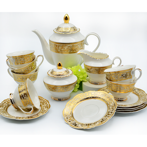 17 PCS Embossed Gold Porcelain Tea Set Luxury Style Bone China Tea Cup Set