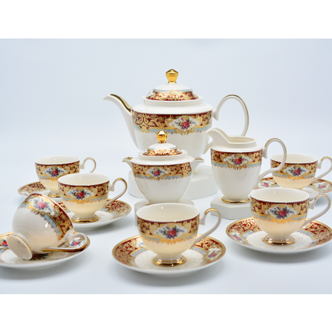 17 PCS Embossed Gold Decoration Fine Bone China Classic Coffee & Tea Cup Set