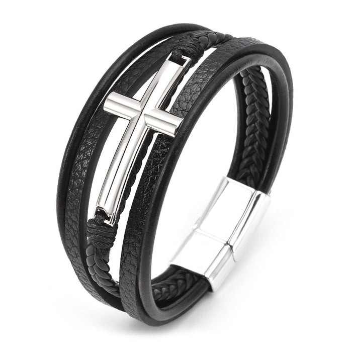 Cross Leather Bracelet Multi-layer Leather Cord Braided Bracelet