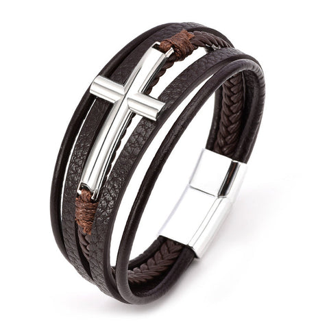 Cross Leather Bracelet Multi-layer Leather Cord Braided Bracelet