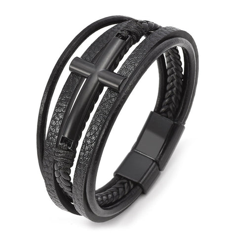 Cross Leather Bracelet Multi-layer Leather Cord Braided Bracelet