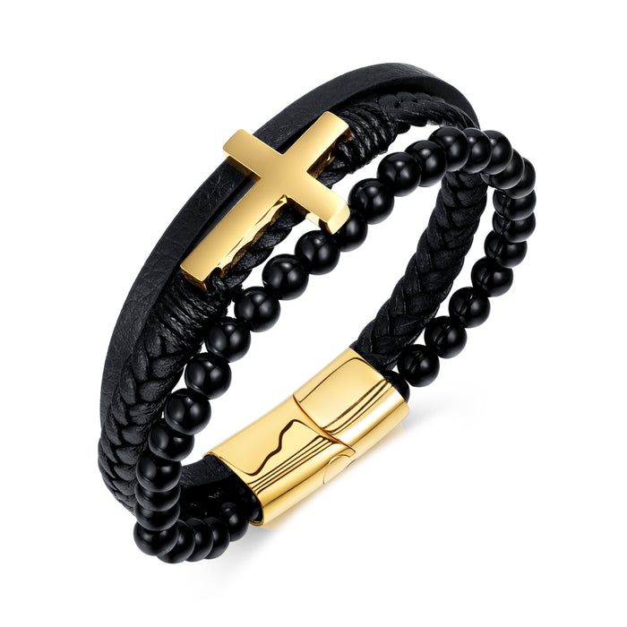 Titanium Steel Cross Magnetic Buckle Personality Handmade Multi-layer Woven Leather Bracelet