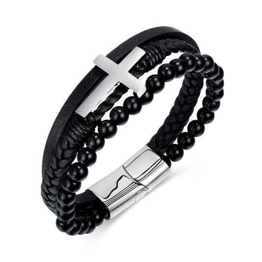 Titanium Steel Cross Magnetic Buckle Personality Handmade Multi-layer Woven Leather Bracelet