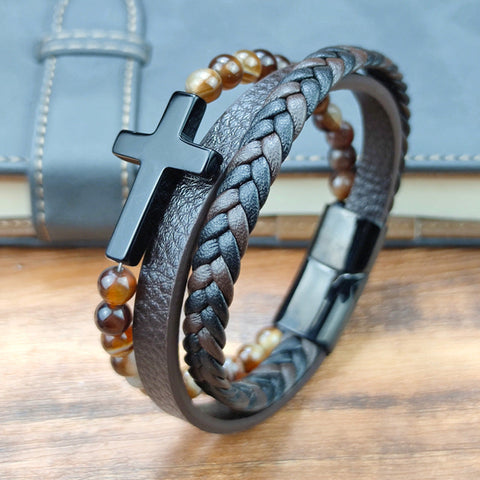 Cross Tiger Eye Beaded Leather Bracelet