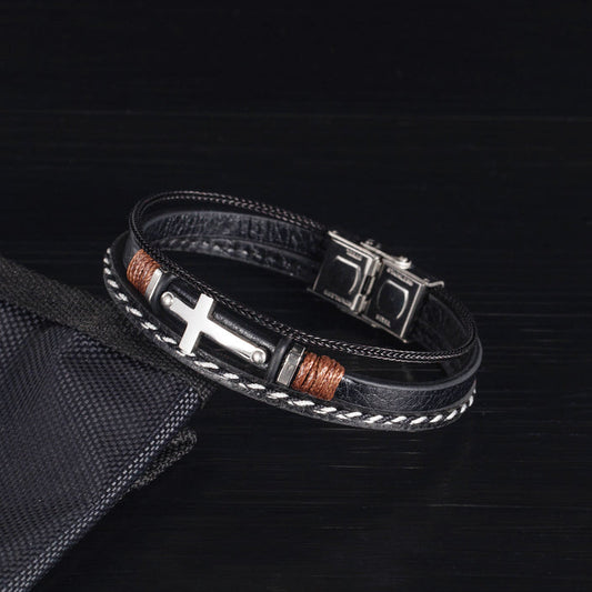 Stainless Steel Cross Woven Leather Bracelet