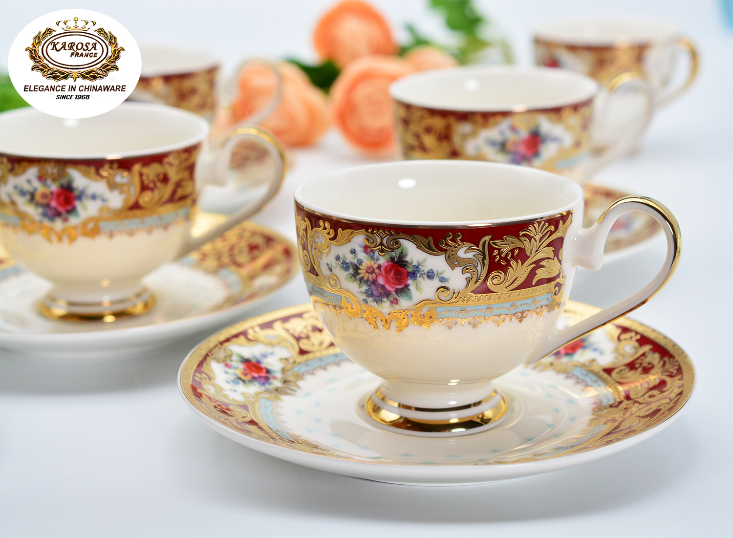 17 PCS Embossed Gold Decoration Fine Bone China Classic Coffee & Tea Cup Set