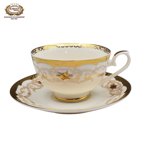 17 PCS Tea Sets With 6 Cups 6 Saucers Embossed Gold Royal Style Bone China Coffee Tea Sets