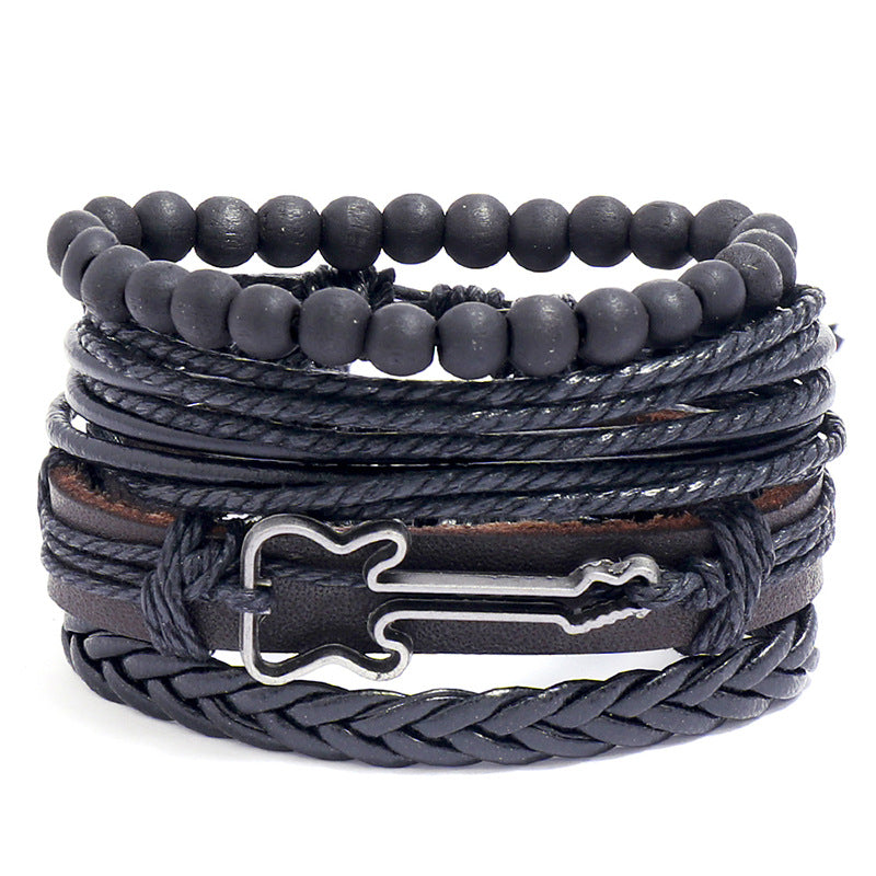 Fashion Guitar Music Festival Jewelry Simple Woven Vintage Leather Bracelet Set