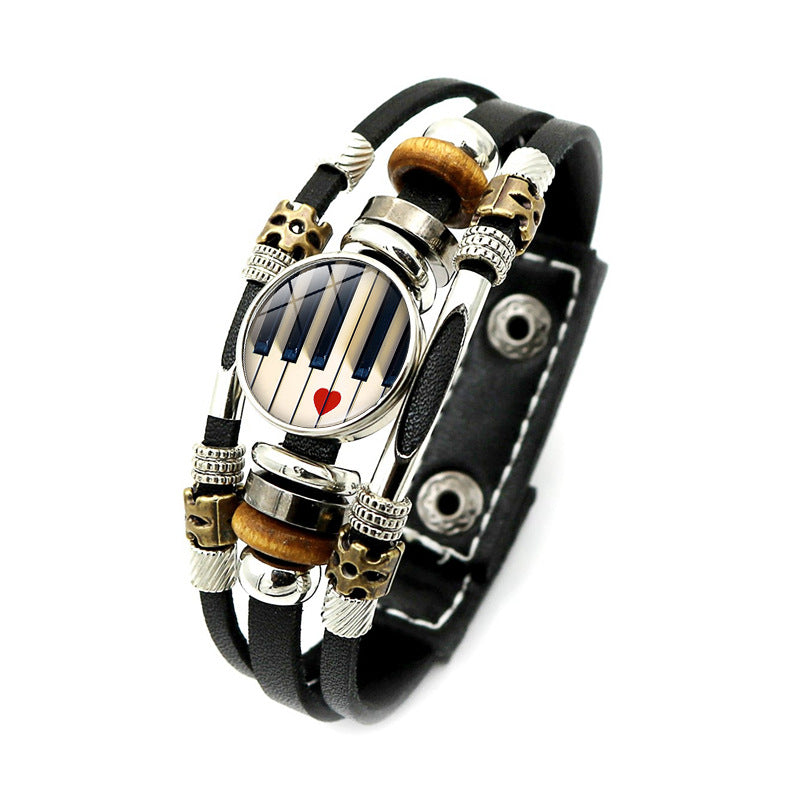 Music Piano Symbol Time Stone Black Leather Bracelet Punk Style