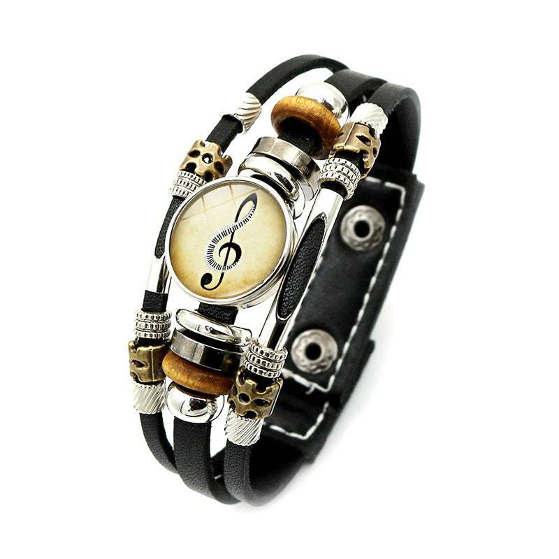 Music Piano Symbol Time Stone Black Leather Bracelet Punk Style