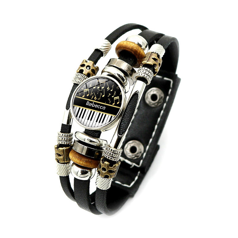 Music Piano Symbol Time Stone Black Leather Bracelet Punk Style