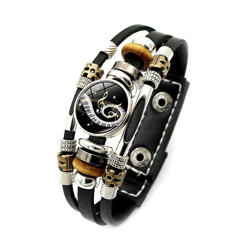 Music Piano Symbol Time Stone Black Leather Bracelet Punk Style