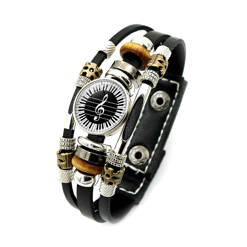 Music Piano Symbol Time Stone Black Leather Bracelet Punk Style