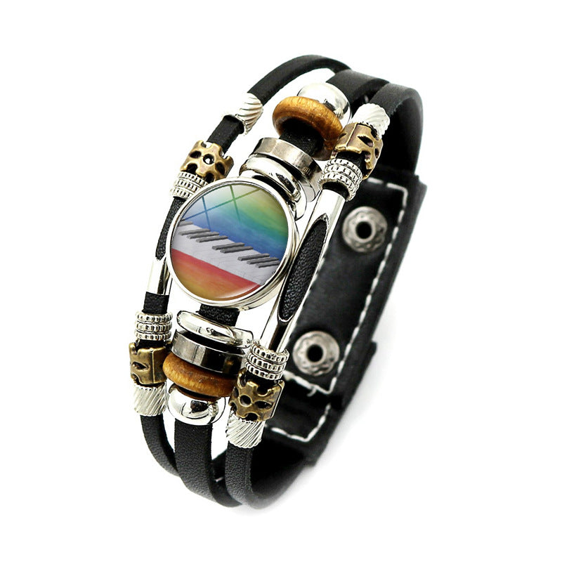 Music Piano Symbol Time Stone Black Leather Bracelet Punk Style