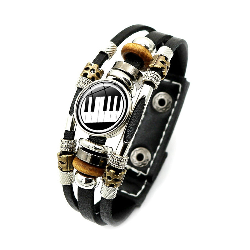 Music Piano Symbol Time Stone Black Leather Bracelet Punk Style