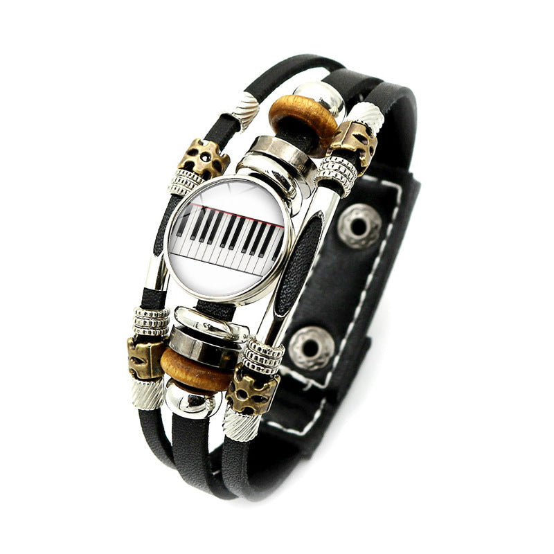 Music Piano Symbol Time Stone Black Leather Bracelet Punk Style