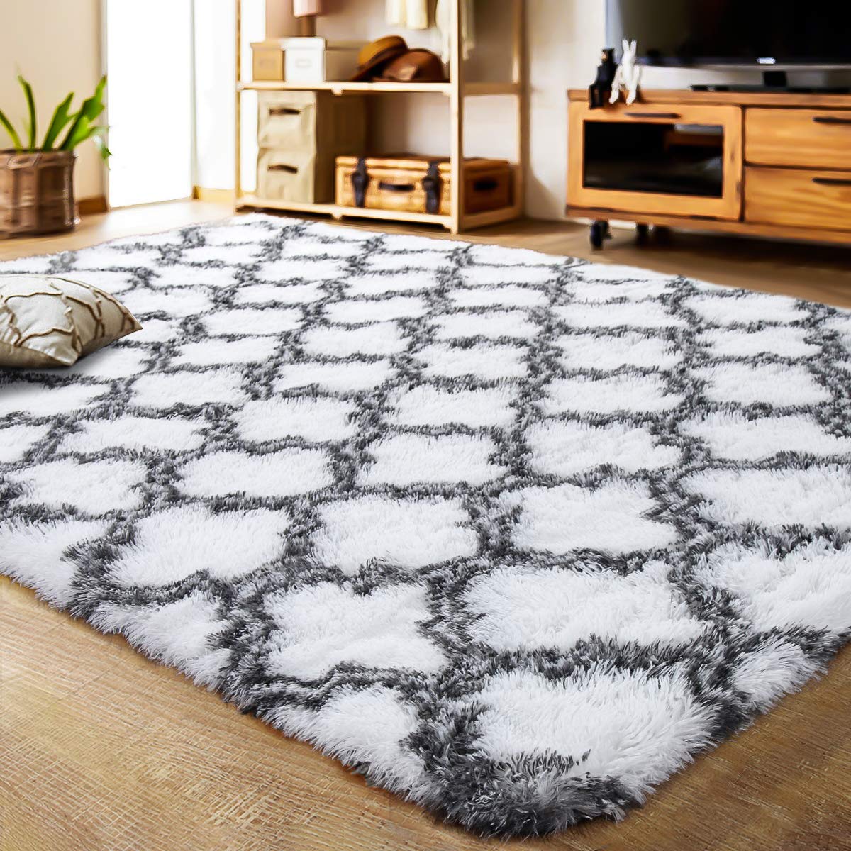 Modern Indoor Plush Fluffy Rugs Geometric Line Extra Soft Carpet For Bedroom Living Room